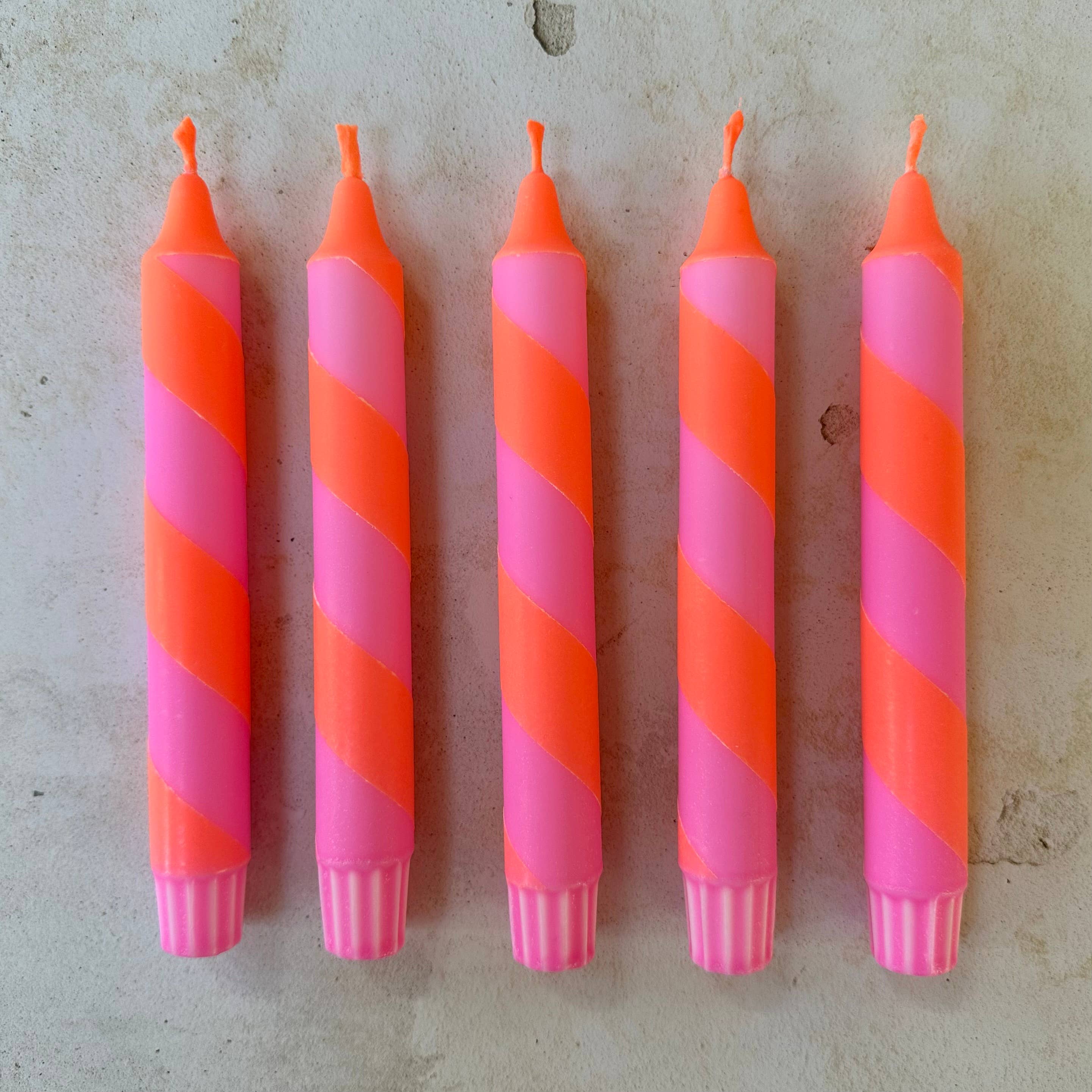 Neon Orange & Pink Spiral Twist Hand Dipped Dinner Candle 