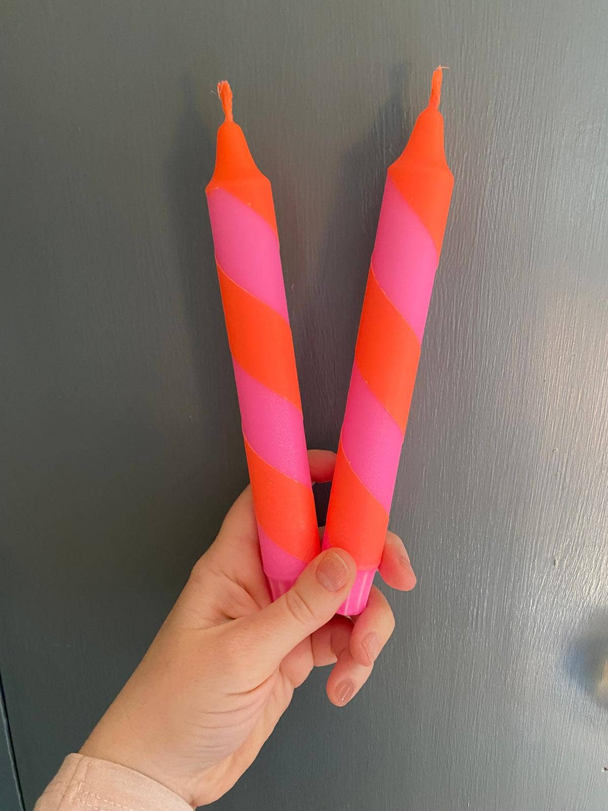 Neon Orange & Pink Spiral Twist Hand Dipped Dinner Candle 