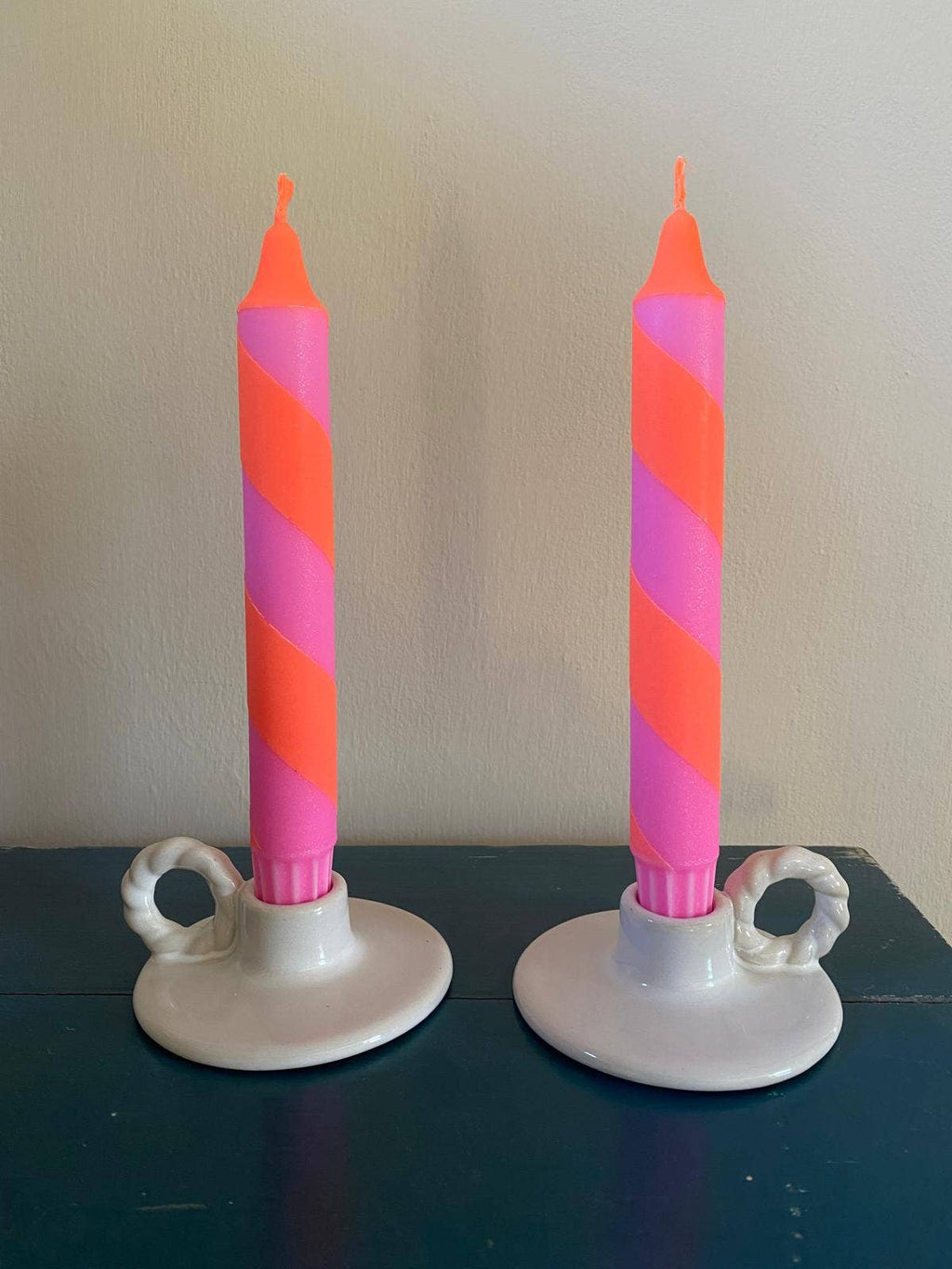 Neon Orange & Pink Spiral Twist Hand Dipped Dinner Candle 