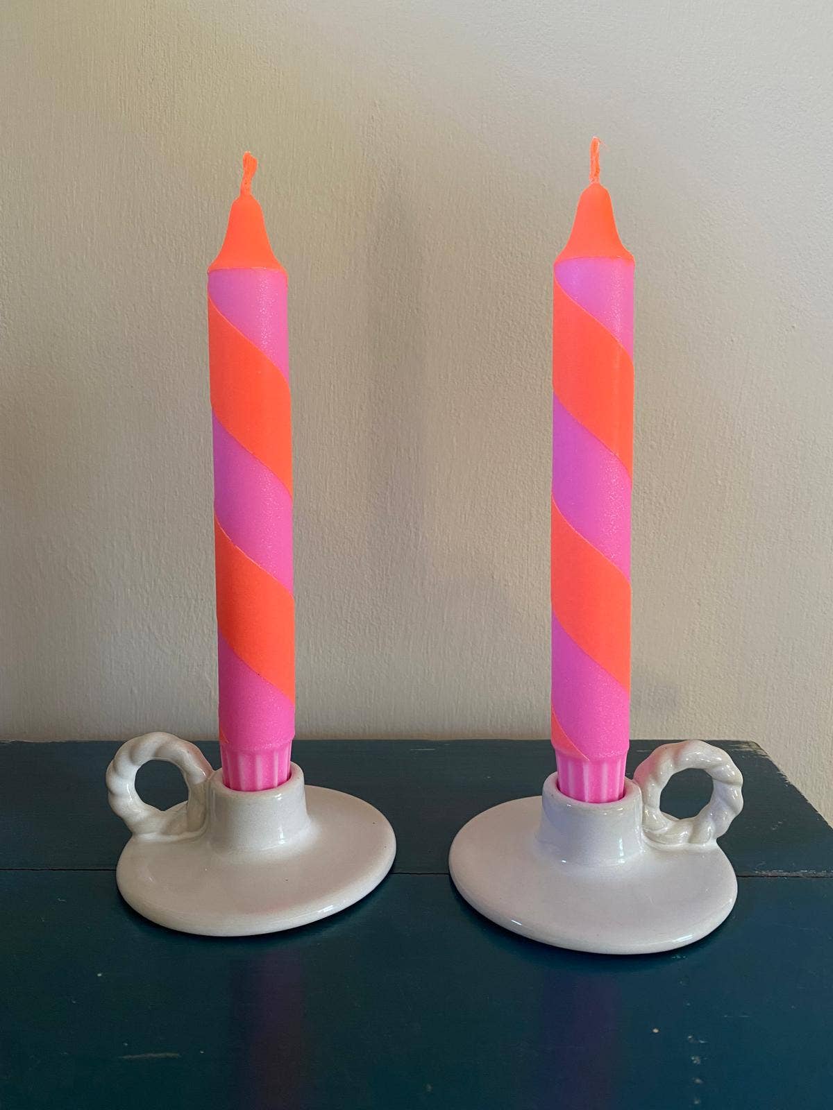 Neon Orange & Pink Spiral Twist Hand Dipped Dinner Candle 