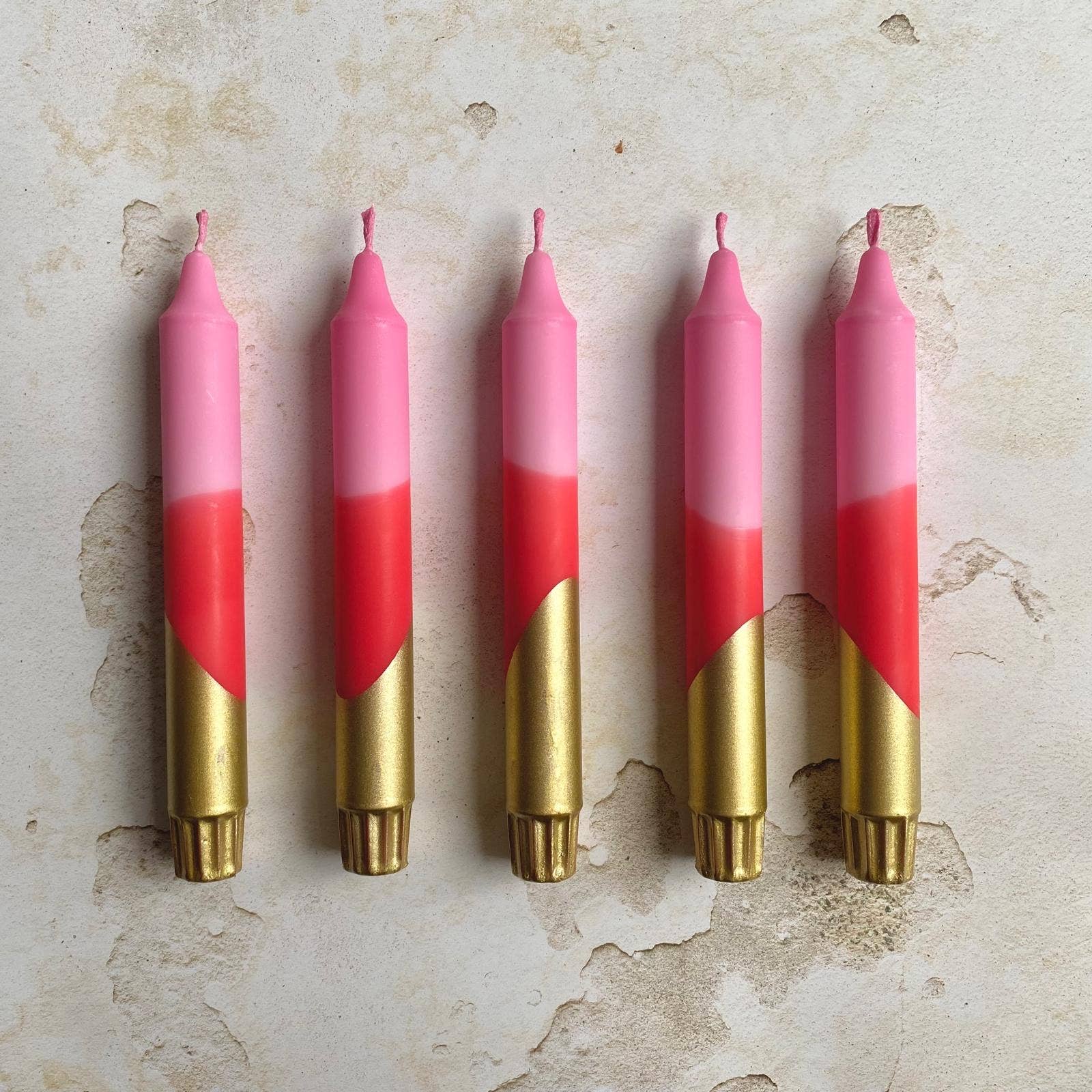Hand Dipped Pink, Red & Gold Dinner Candle